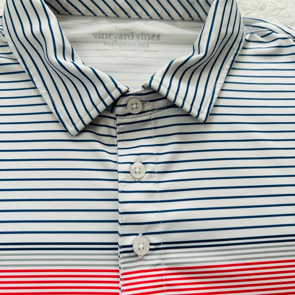 Men’s Vineyard Vines Performance Polo Shirt Blue, White & Red Striped Size Large